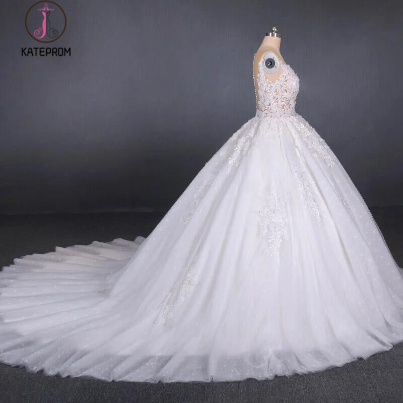 Ball Gown Sheer Neck Sleeveless White Wedding Dresses, Lace Appliqued Bridal Dress KPW0476