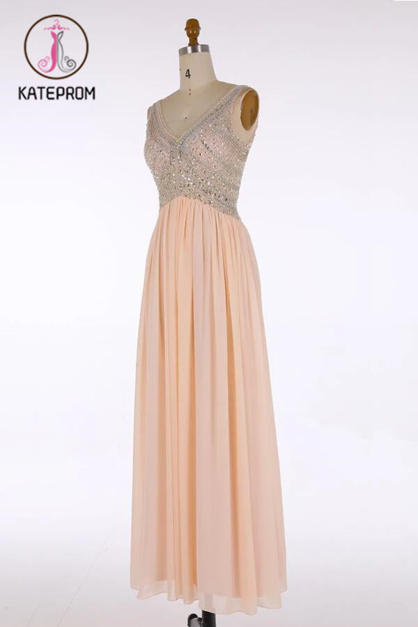 Classic V-Neck Floor Length Beading Prom Dresses Evening Dresses KPP0121
