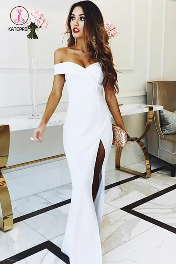 Simple Off-the-shoulder Sheath Sweep Train Split Front Bridesmaid Dresses KPB0166