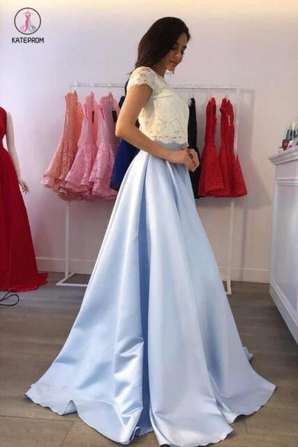 A-line Light Blue Two Piece Short Sleeves Round Neck Satin Prom Dress with Lace KPP0378