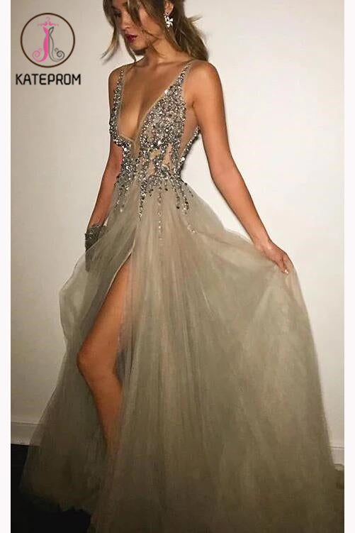 Gray Deep V-neck Side Slit Prom Dresses,Tulle Sleeveless Formal Dress With Sequins and Beads KPP0131