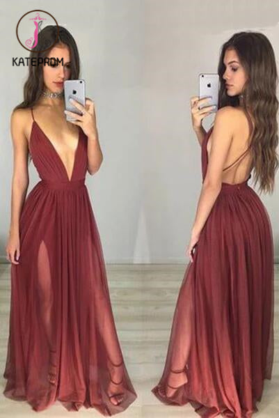 Sexy Deep V Neck Spaghetti Straps Prom Dresses,A-Line Chiffon Open Back Evening Dress KPP0160
