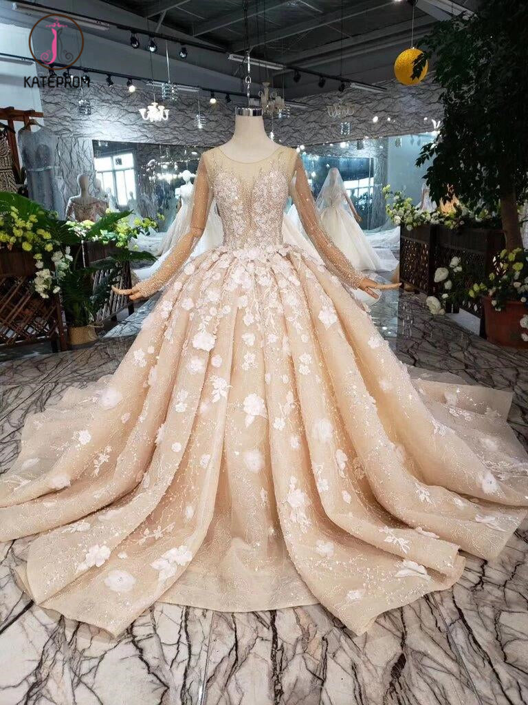 Princess Long Sleeves Ball Gown Wedding Dresses, Puffy Wedding Gown with Beads KPW0336