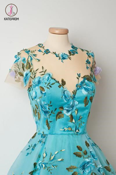 New Short Sleeves Unique Homecoming Dress,Appliqued Blue Short Prom Dresses KPH0170