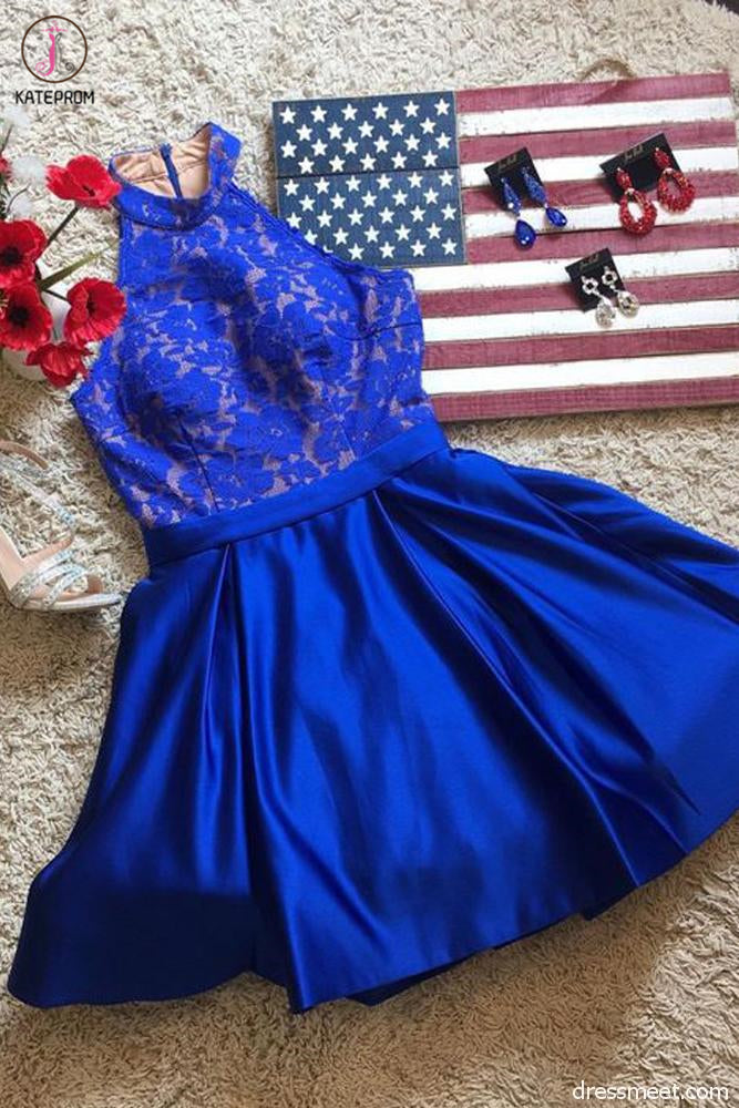 Royal Blue High Neck Satin Short Homecoming Dress with Lace Top, Cute Prom Dress KPH0471