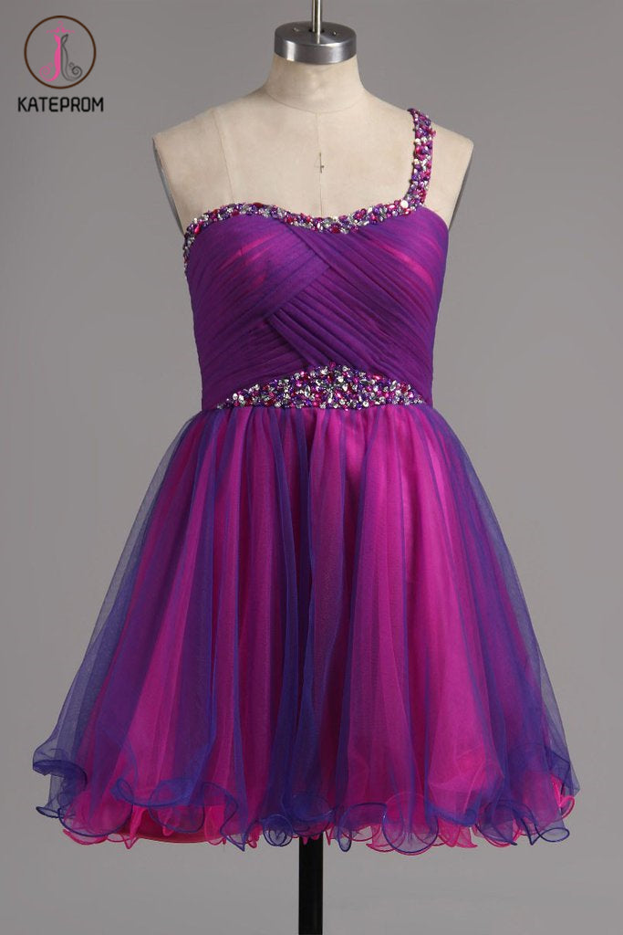 A-line One Shoulder Tulle Short Ruffles Homecoming Dresses with Beads KPH0413