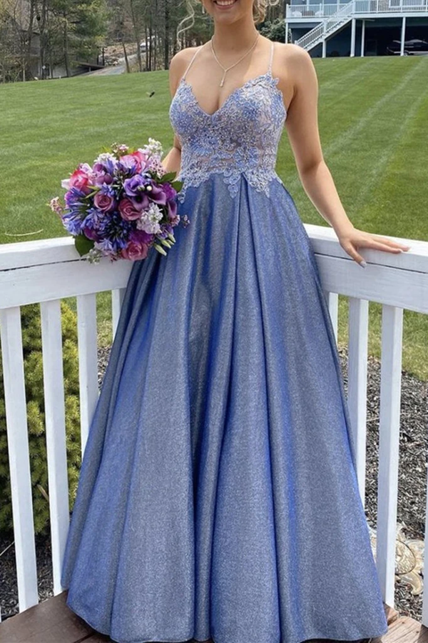 A Line Spaghetti Straps Blue Lace Top Prom Dresses, Long Formal Evening Dresses KPP1446