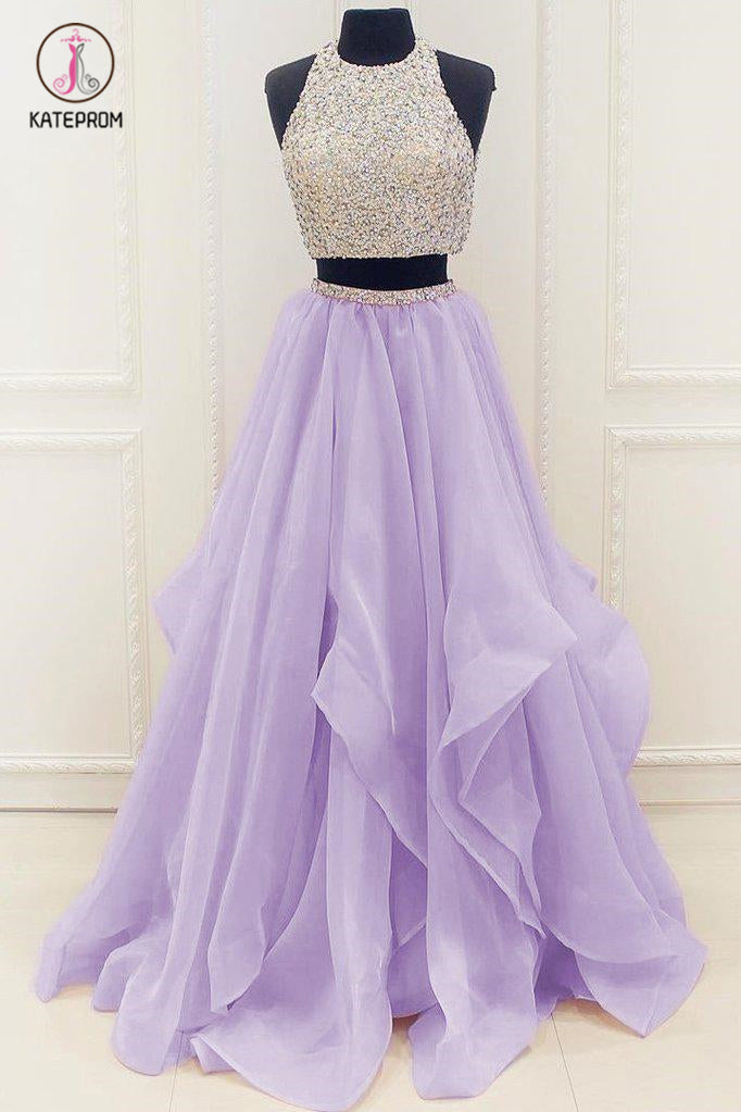 Burgundy Two Piece Floor Length Prom Dress Beaded Open Back Sequin Party Dress KPP0750