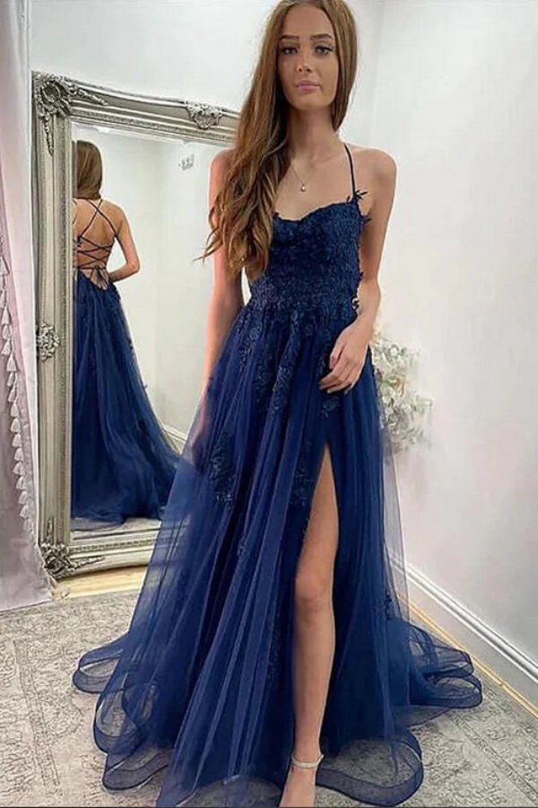 Navy Blue Lace A Line Backless Long Prom Dresses With Slit, Evening Dress KPP1679