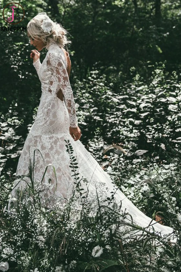 High Neck Lace Appliques Long Sleeve Mermaid Beach Wedding Dresses, Bridal Dresses KPW0613