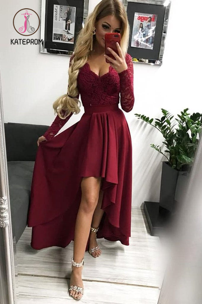 High Low Long Sleeves V Neck Prom Dress, Burgundy A Line Graduation Dress with Lace KPP0884