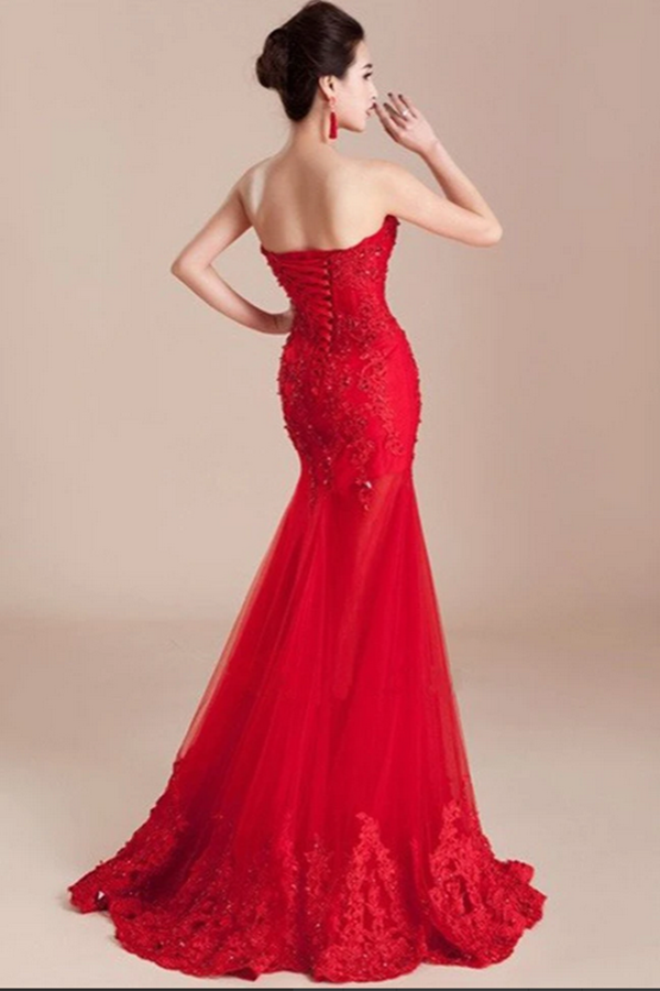 Decent Long Mermaid Lace Sweetheart Prom Dress with Appliques and Beading KPP1424