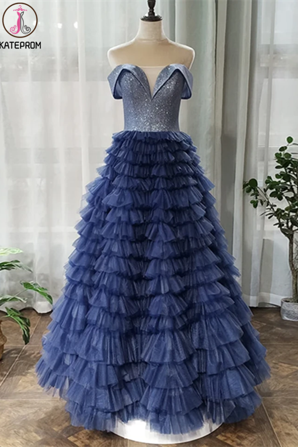 Off the Shoulder Navy Blue Tulle Ruffles A Line Long Prom Dress KPP1340