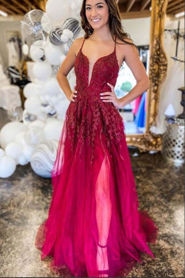 Burgundy Tulle A line Lace Up Back Thigh Slit Prom Dresses, Evening Gown KPP1521