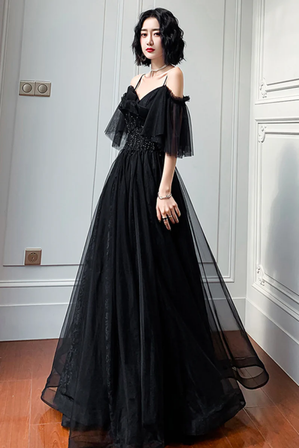 Black Lace Long A Line Prom Dress, Black Off the Shoulder Evening Dress KPP1746