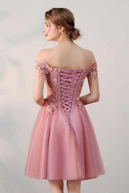 Pink Off the Shoulder Short Tulle Prom Dress, Cute Homecoming Dress with Appliques KPH0504