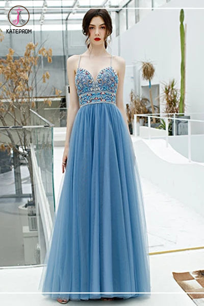 Sexy Spaghetti Straps Long Tulle Prom Gown, Unique Beading Prom Dress KPP1297