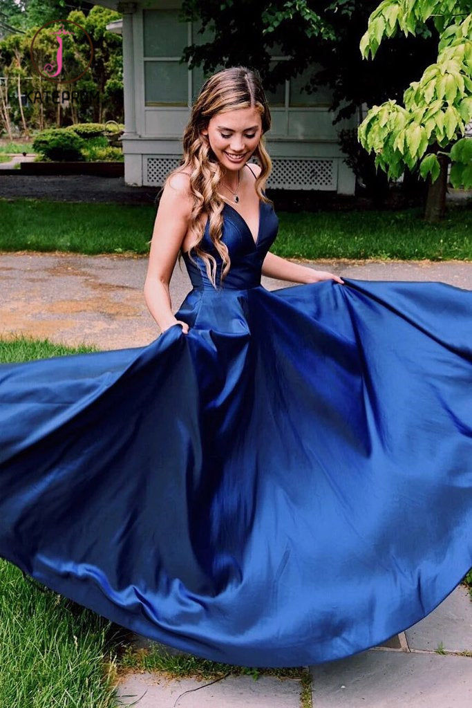 Royal Blue Simple V Neck Satin Prom Dress, A Line Spaghetti Straps Long Evening Dress KPP0996