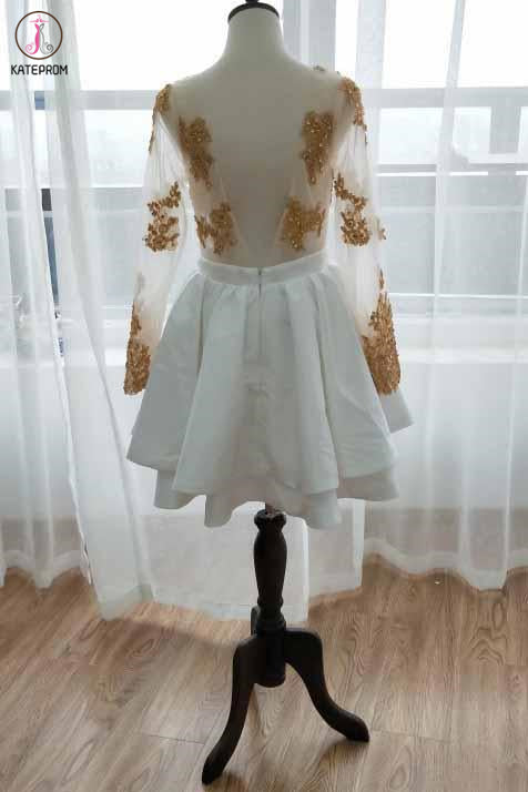 White Long Sleeve Homecoming Dress with Gold Lace Appliques, V Neck Short Prom Dress KPH0513