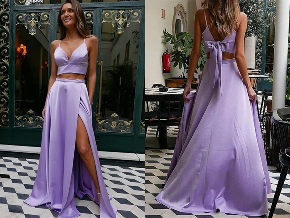 Fashion Satin Straps A Line Prom Dresses Two Pieces Gowns With Slit KPP1469