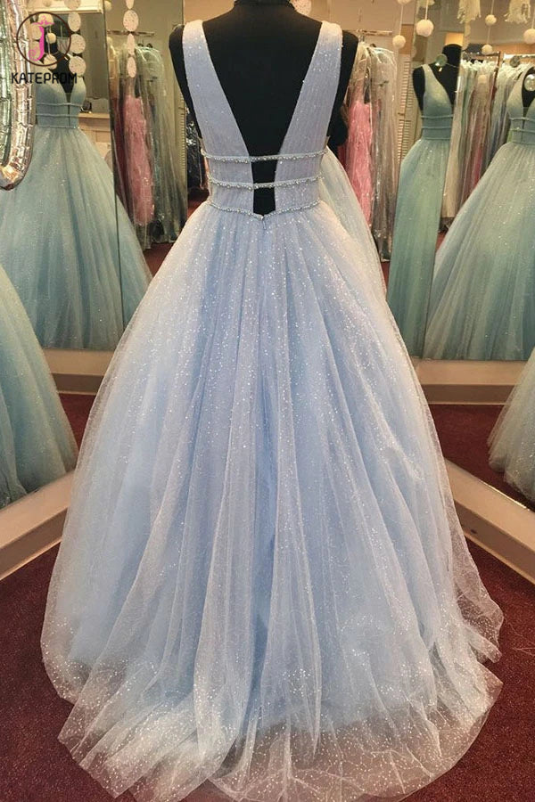 A-Line Deep V-Neck Blue Sweep Train Pink Tulle Backless Prom Dress With Beading KPP1256