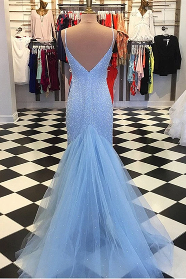 Backless Mermaid V Neck Light Blue Prom Dresses, Formal Dresses KPP1356