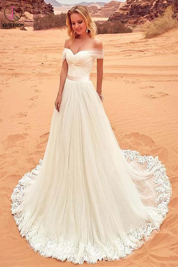 Charming Off the Shoulder Tulle Long Beach Wedding Dress with Lace Appliques KPW0574