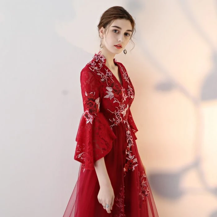 A line V neck Chic Tulle Burgundy Applique Long Prom Dress Evening Dress KPP1359