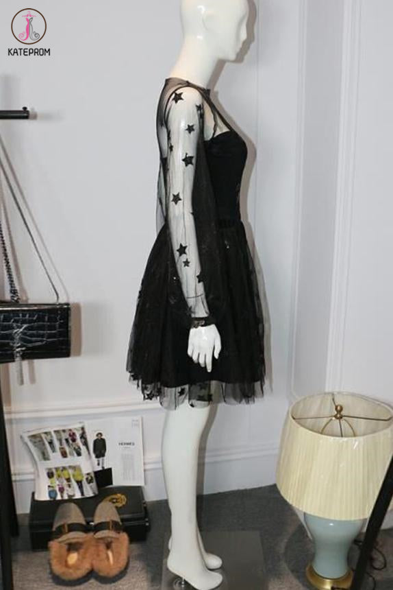 Sparkly Long Sleeve Short Party Dress, Unique Sheer Neck Mini Homecoming Dress KPH0455