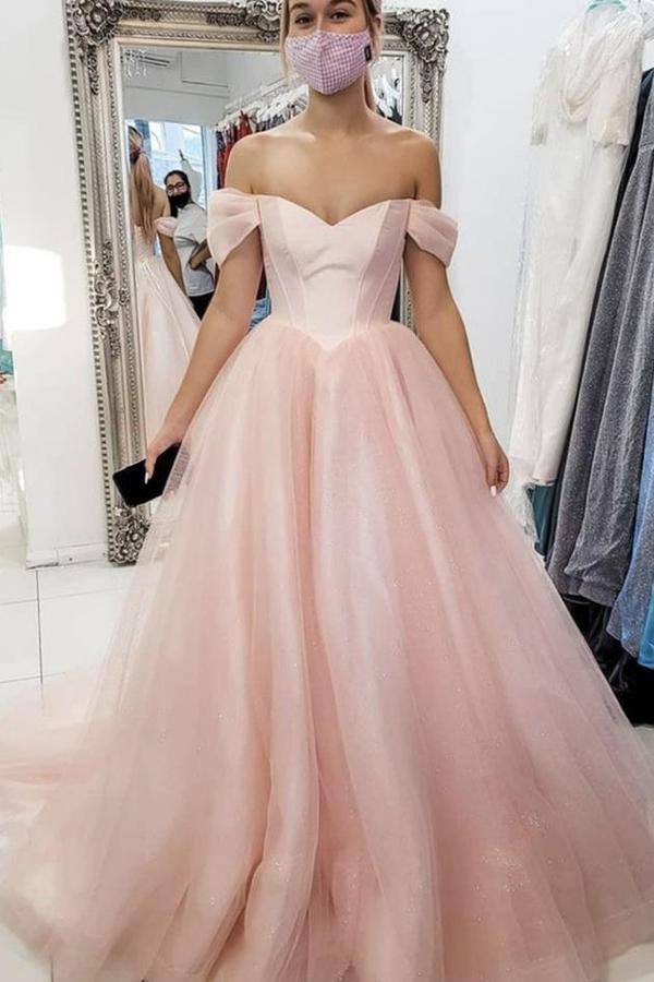 Light Pink Off The Shoulder Long Tulle Prom Evening Dress, A Line Simple Party Dress KPP1480