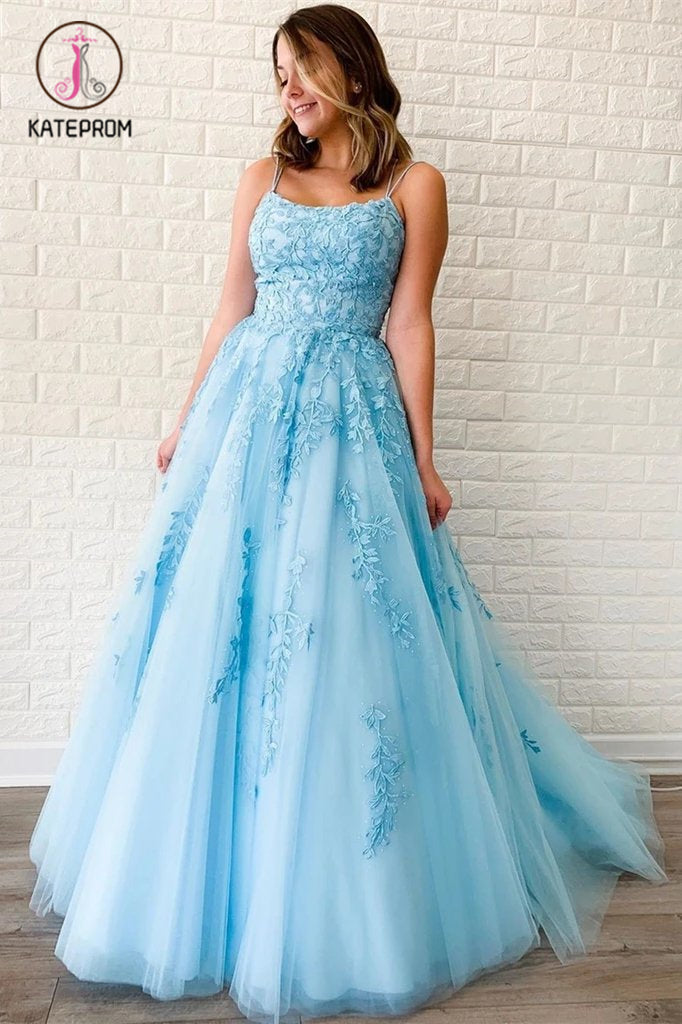 A Line Sky Blue Lace Backless Long Prom Dresses, Backless Sky Blue Lace Formal Dresses KPP1215