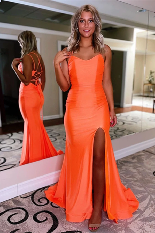 Chic A line Simple Double Spaghetti Straps Blue Prom Dresses Split Long Evening Dresses KPP1507