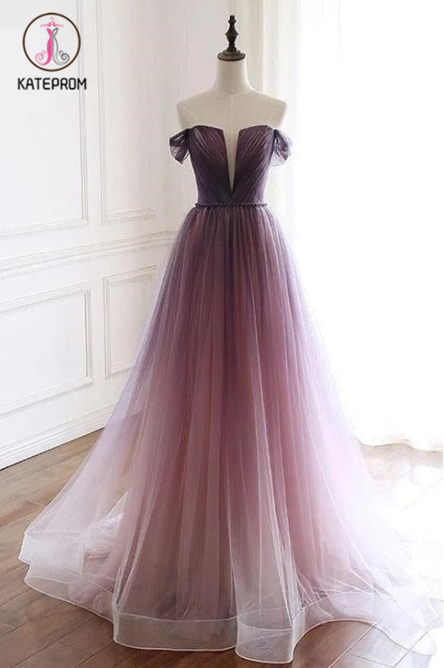 A Line Off the Shoulder Ombre Prom Dresses with Belt, Purple Gradient Long Tulle Formal Dress KPP1123
