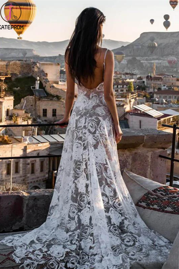 Rose Lace Sheath Wedding Dresses Spaghetti Strap Boho Beach Wedding Dress KPW0618