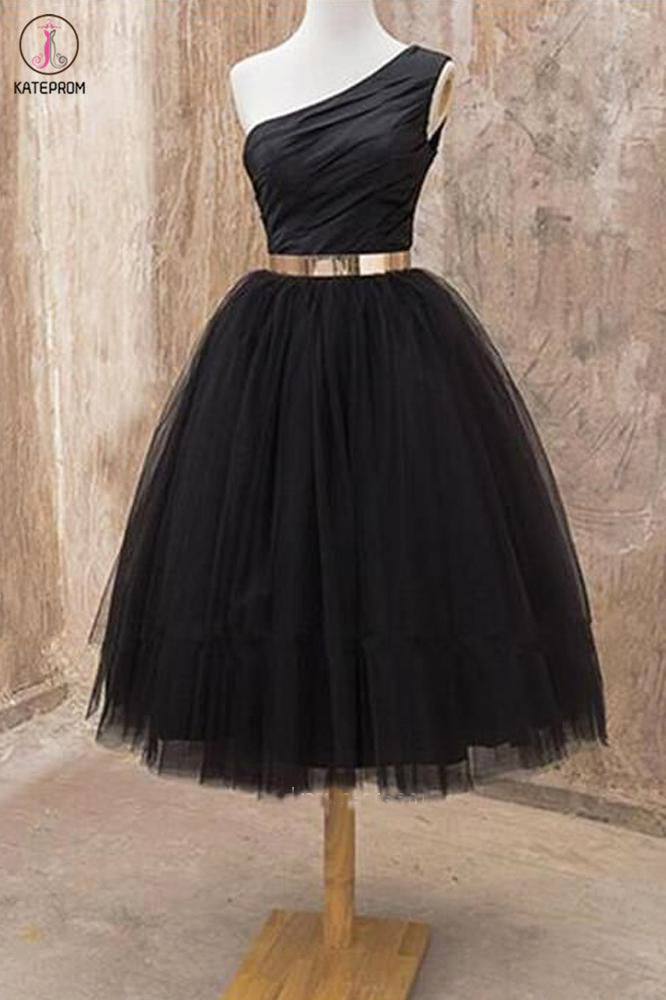 A Line One Shoulder Black Tulle Tea Length Homecoming Dresses with Belt, Short Prom Dresses KPH0461