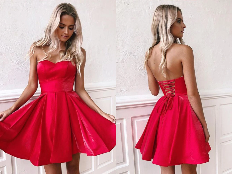 Simple Red Satin Sweetheart Strapless Homecoming Dresses Above Knee Short Prom Dresses KPH0584