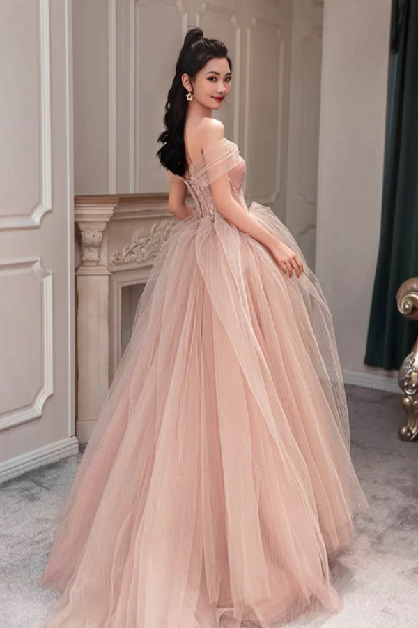 Pink Tulle Long A Line Prom Dress, Cute Off the Shoulder Graduation Dress KPP1749