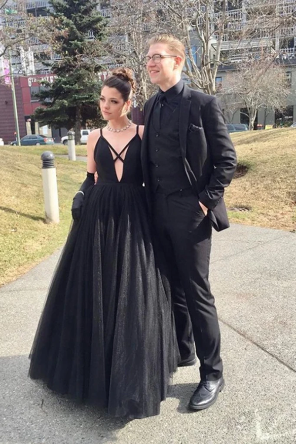 Fashion Spaghetti Straps Black Tulle A Line Prom Dresses Floor Length Evening Party Dresses KPP1437