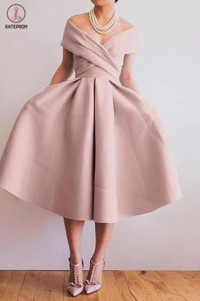 Green Off the Shoulder Tea Length Satin Homecoming Dress, Cute Senior Prom Dress KPH0503