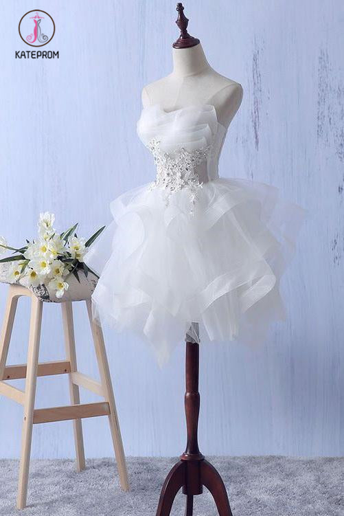 Ivory Mini Ruffles Strapless Short Homecoming Dress,Lace Appliques Graduation Dress KPH0294