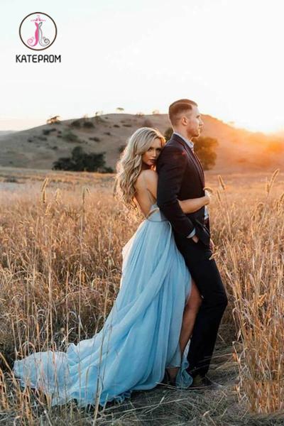 Sky Blue V Neck Prom Dresses, Sexy Backless Spaghetti Straps Pleated Long Formal Dress KPP0959