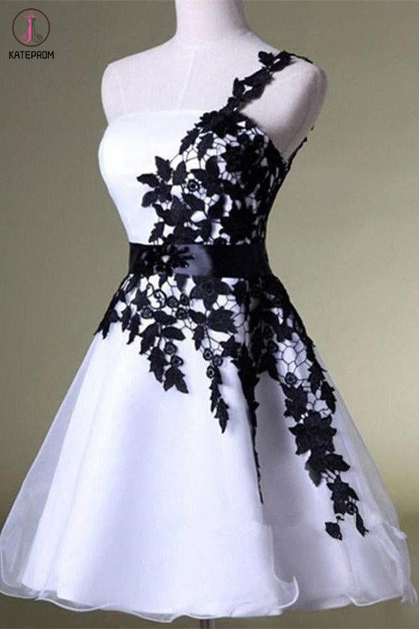 One Shoulder White Homecoming Dress with Black Lace, Knee Length Party Dress KPH0463