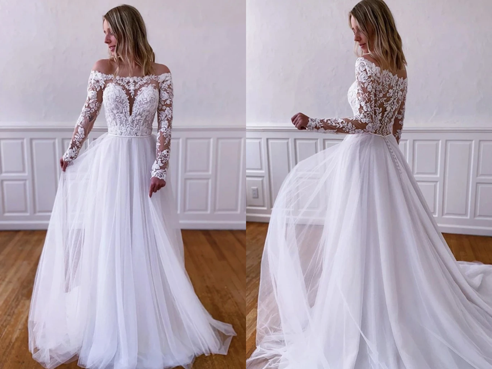 Elegant Long Sleeves White Lace Wedding Dress, White Lace Long Prom Dress, White Formal Evening Dress KPW0687