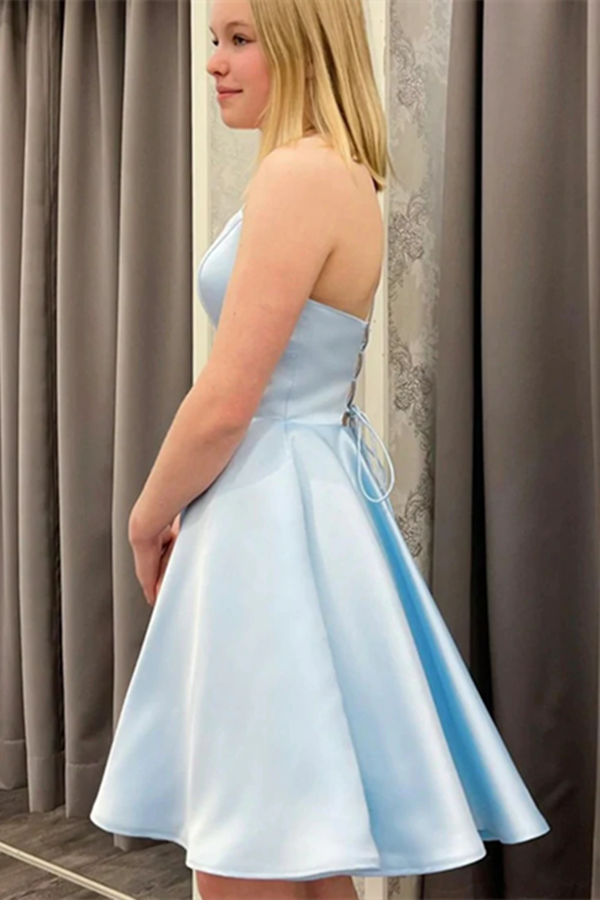 Short Backless Sky Blue Satin Prom Dresses, Light Blue Open Back Satin Formal Graduation Dresses KPP1614