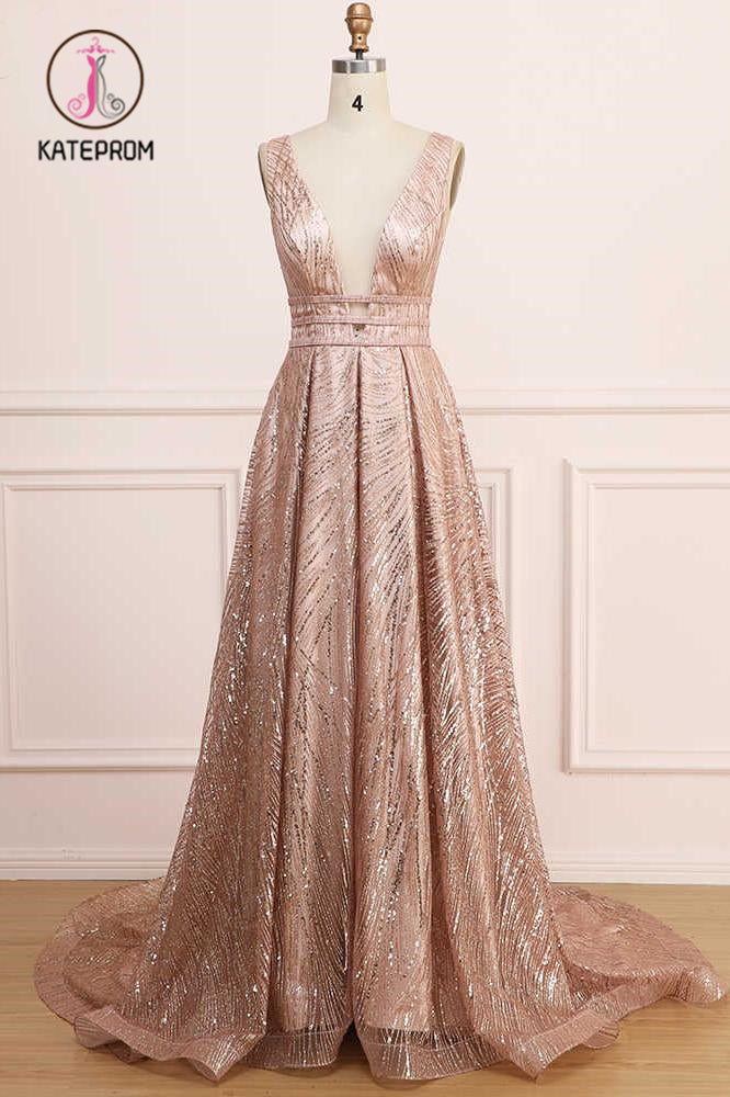 A Line Deep V Neck Long Prom Dress with Sequins, Glitter Sleeveless Evening Dress KPP1051