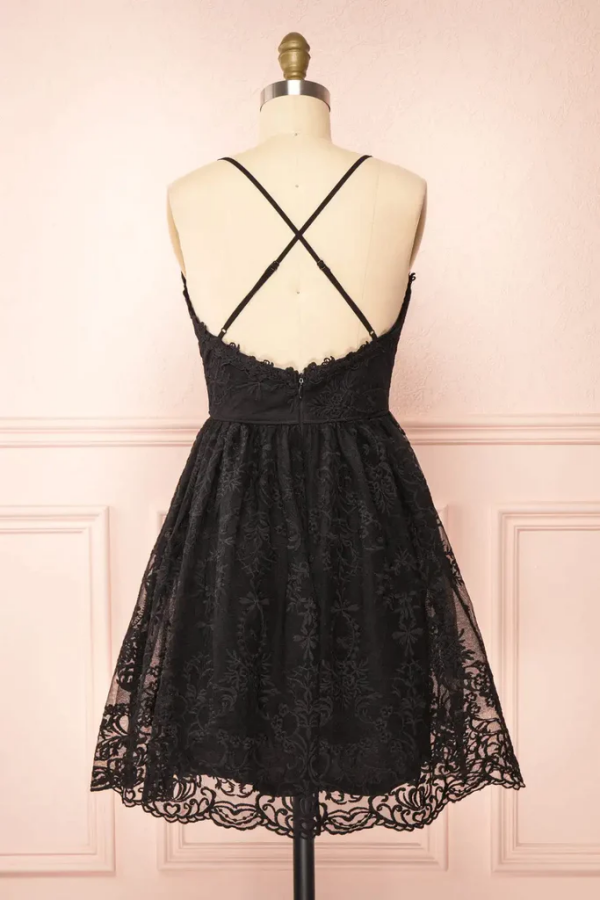 Black Lace Straps A-line Short Party Dress Lace Homecoming Dresses KPH0649
