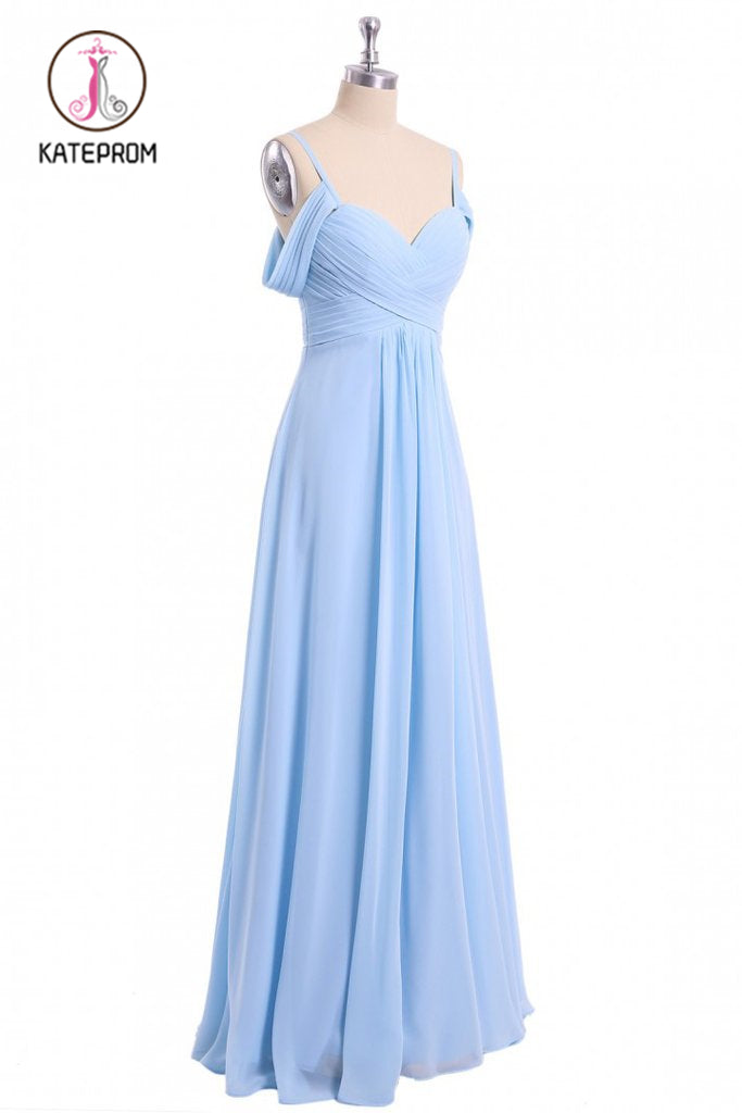 Light Sky Blue Off Shoulder Spaghetti Strap Chiffon Dresses, Floor Length Formal Dress KPP0989