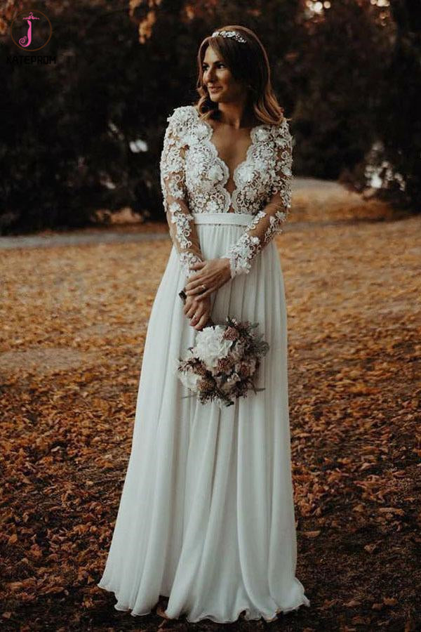 Floor Length Long Sleeves Sheer Neck Split Appliques Chiffon Beach Wedding Dress KPW0551