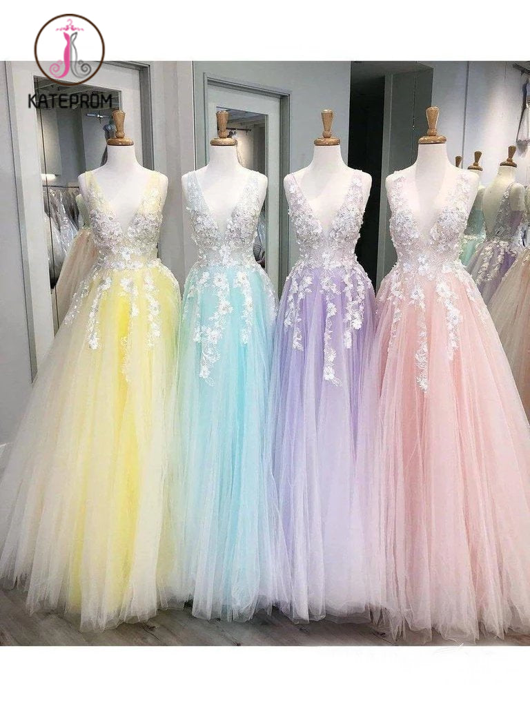 Stunning Lace Applique Long Prom Dresses Quinceanera Dress with Flowers KPP0976