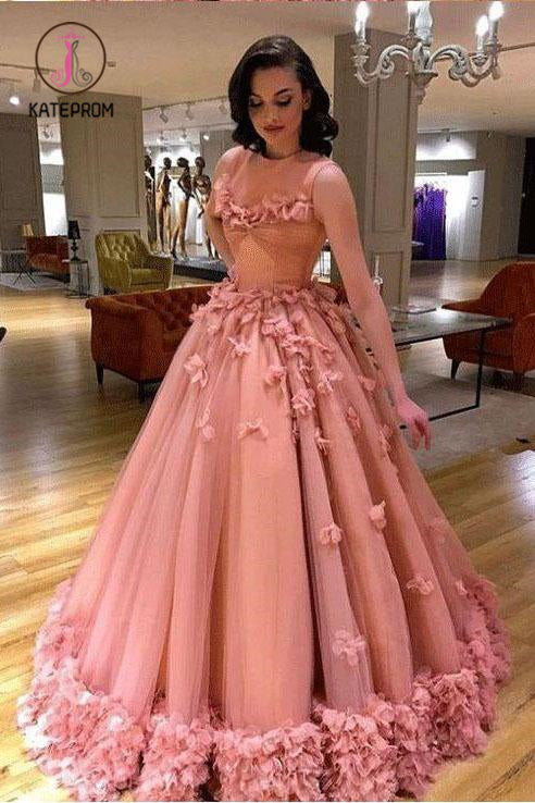 Luxury Tulle Sleeveless Ball Gown Prom Dress with Flowers, Princess Wedding Dresses KPP0947